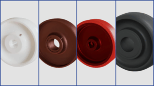 Rexello industrial wheels in white, brown, red, and black tested for 100,000+ endurance cycles