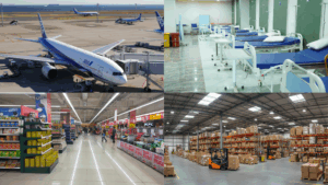 Airports, hospitals, retail stores, and warehouses where Rexello castor wheels are used.