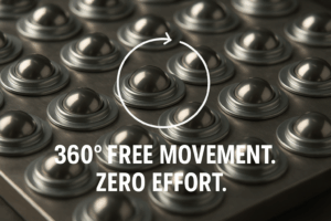 Close-up of multiple Ball Transfer Units (BTUs) on a metal plate showing 360-degree rotation for effortless material handling, with text overlay “360° Free Movement. Zero Effort.”