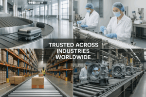 Collage of four industries that rely on Rexello products: airport baggage conveyor, pharmaceutical lab with technicians, logistics warehouse with conveyor rollers, and automotive manufacturing plant, with overlay text “Trusted Across Industries Worldwide.”