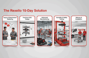 Step-by-step process of Rexello’s 10-Day Solution: Inquiry, CAD design, manufacturing, durability testing, and delivery of custom trolleys.