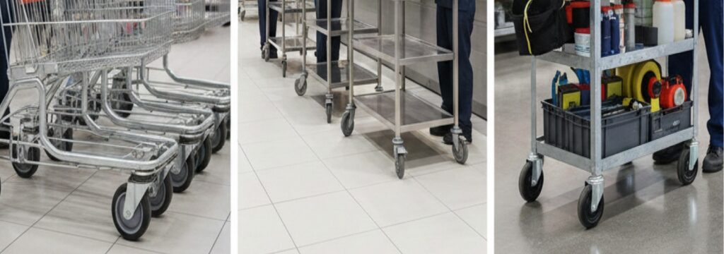 Industrial trolleys and shopping carts fitted with castor wheels for smooth mobility in retail, facility, and material handling environments.
