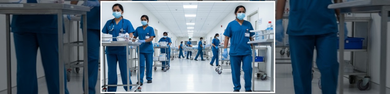 Medical staff moving hospital trolleys with smooth-rolling medical castor wheels in a clean healthcare corridor | Rexello Castors