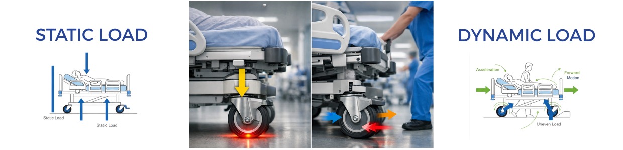 Static and dynamic load comparison on hospital bed castor wheels, showing weight distribution and movement forces during operation | Rexello Castors