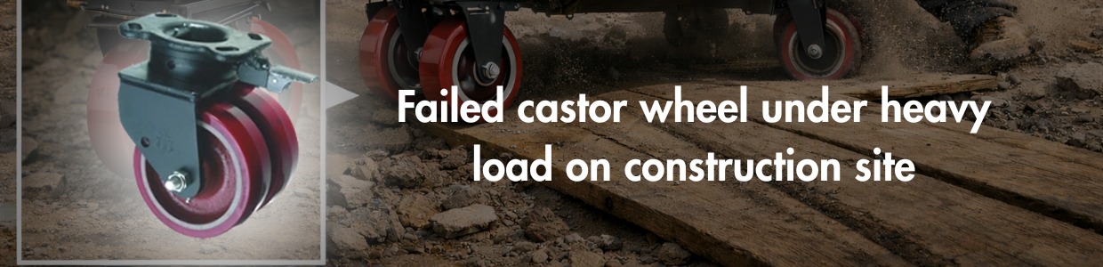 Damaged castor wheel failing under heavy load on a rough construction site surface | Rexello Castors