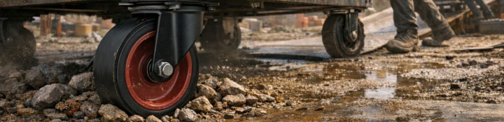 Heavy-duty industrial castor wheel supporting a platform trolley moving over gravel and wet construction site surface Rexello Castors