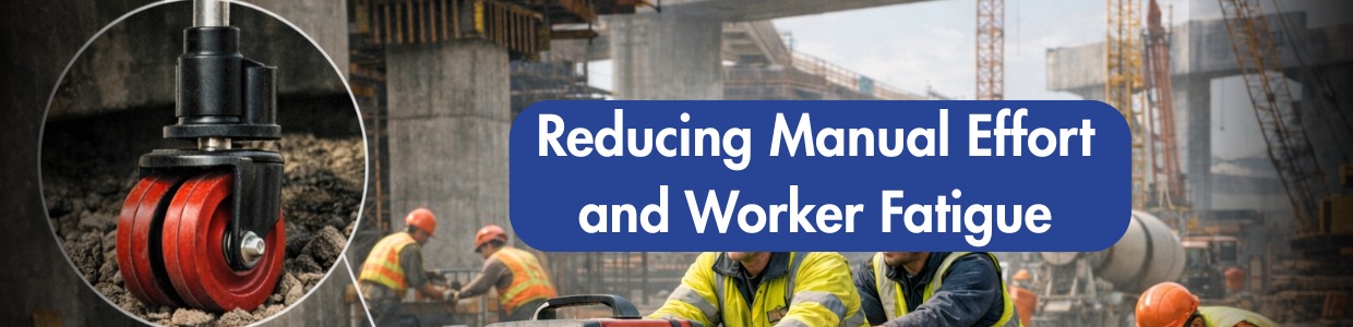 Heavy-duty industrial castor wheel installed on construction equipment operating on rough soil at a bridge construction site, highlighting reduced manual effort and worker fatigue in material handling | Rexello Castors