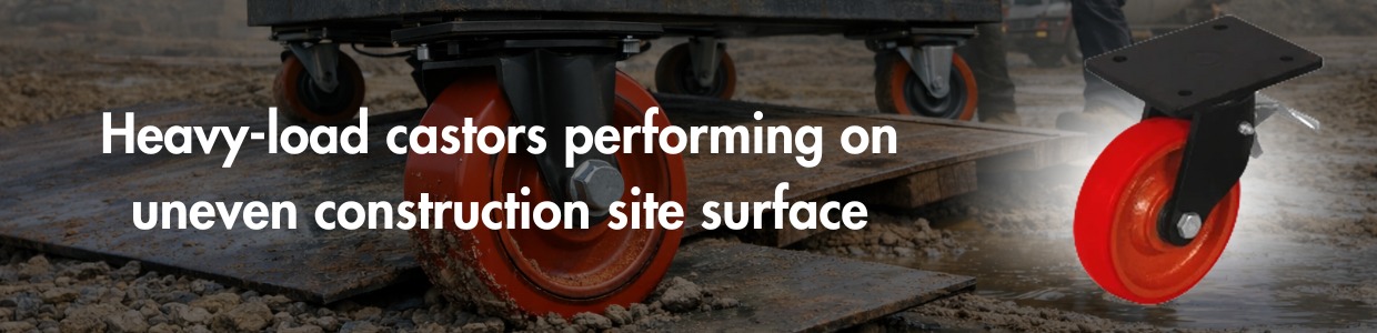 Heavy-duty castor wheels moving equipment over uneven construction site ground | Rexello Castors