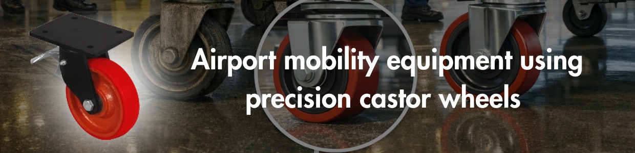 Multiple precision industrial castor wheels used on airport ground support and luggage handling equipment, highlighting smooth mobility and controlled movement | Rexello Castors