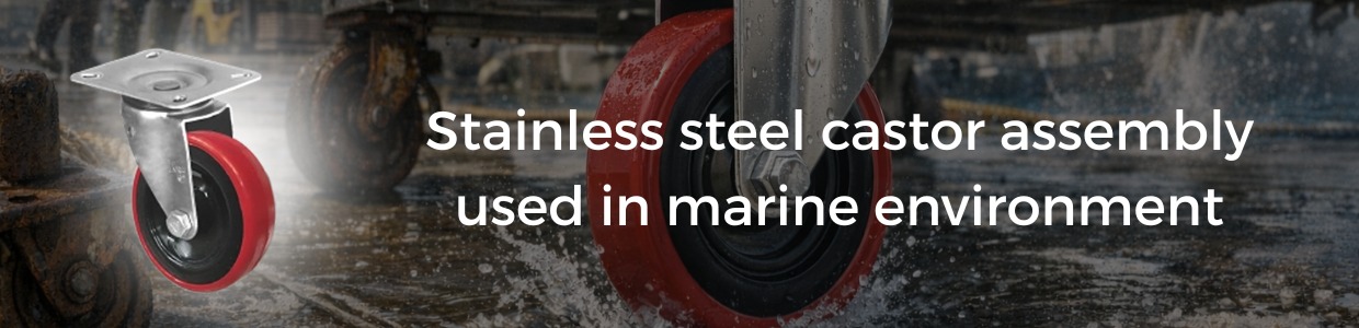Stainless steel industrial castor wheel operating on a wet marine dock surface, designed for corrosion resistance and reliable movement in saltwater environments | Rexello Castors