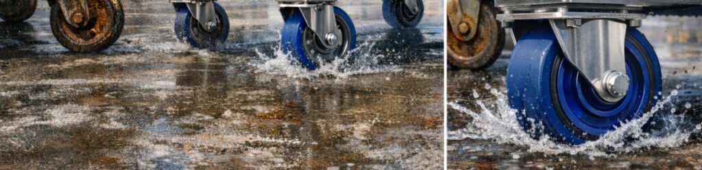 Industrial castor wheels rolling through water on a wet factory floor, demonstrating performance in washdown conditions | Rexello Castors