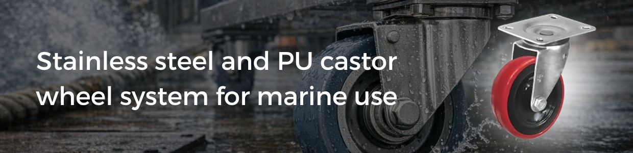 Stainless steel and polyurethane industrial castor wheel system operating on a wet marine surface for corrosion-resistant material handling | Rexello Castors