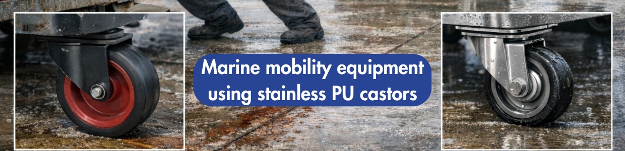 Marine equipment trolley fitted with stainless steel PU castor wheels operating on a wet dock surface for smooth and corrosion-resistant movement | Rexello Castors