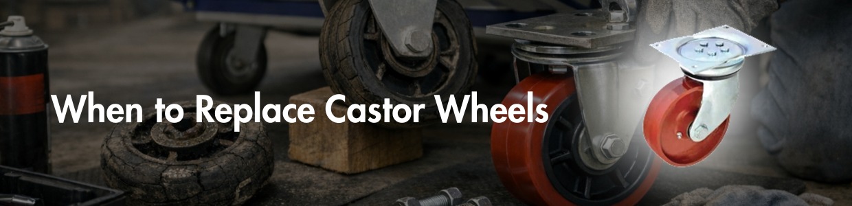 Worn industrial castor wheels beside new replacement heavy-duty castor wheel assembly | Rexello Castors