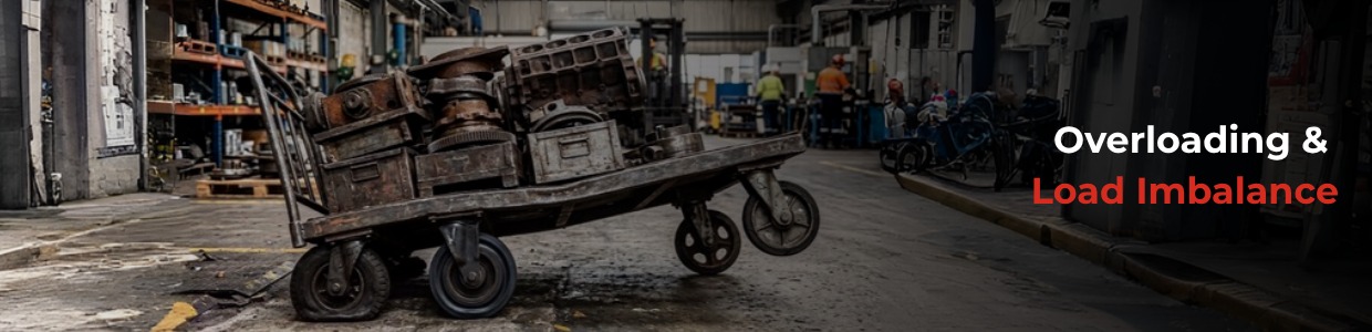 Overloaded industrial platform trolley showing load imbalance and tilted castor wheels in warehouse environment | Rexello Castors