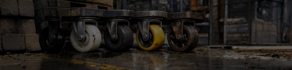 Industrial castor wheels in warehouse setting showing rubber, nylon, and polyurethane wheels with examples of castor wheel failure in material handling applications | Rexello Castors
