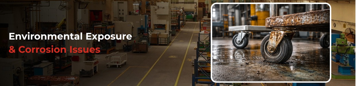 Rusty industrial castor wheel showing corrosion due to environmental exposure in factory setting | Rexello castors