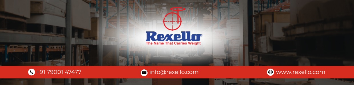 Rexello Castors brand banner with warehouse background showcasing industrial material handling solutions and contact details | Rexello Castors