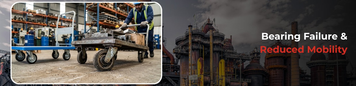 Industrial platform trolley with worn castor wheels showing bearing failure and reduced mobility in warehouse environment | Rexello castors