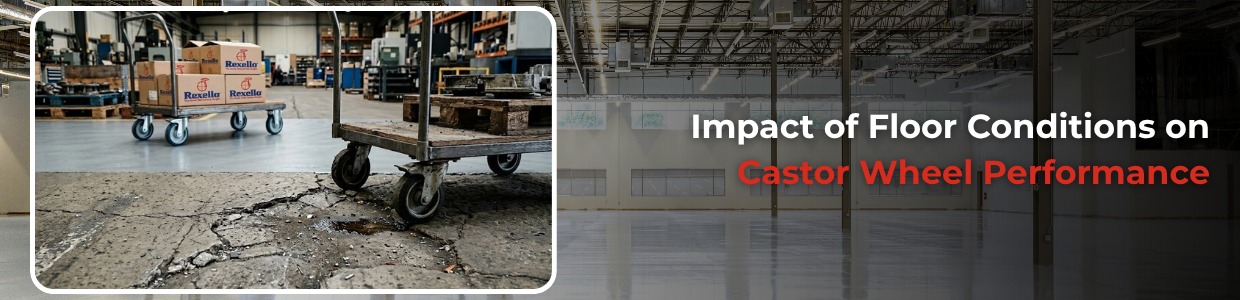 Industrial platform trolley on damaged warehouse floor showing impact of uneven surfaces on castor wheel performance and mobility | Rexello Castors