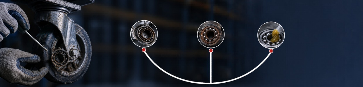 Industrial castor wheel bearing condition comparison showing rusted, worn, and properly lubricated bearings with maintenance inspection and lubrication process | Rexello Castors