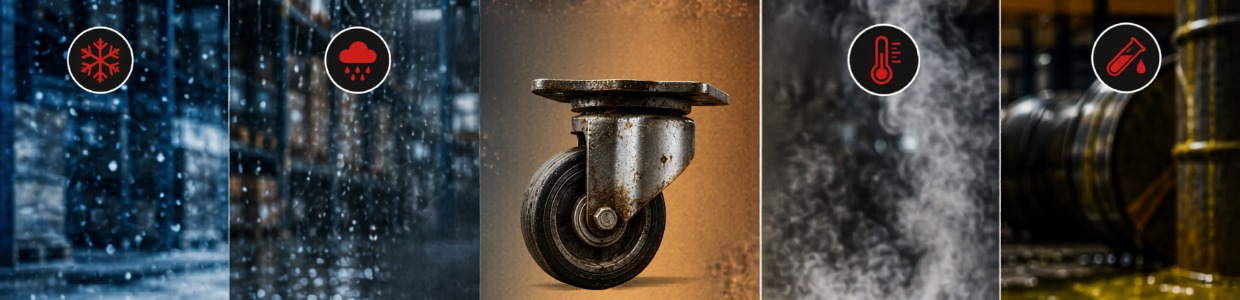Industrial castor wheels exposed to extreme environmental conditions like cold, heat, rain, and chemicals | Rexello Castors
