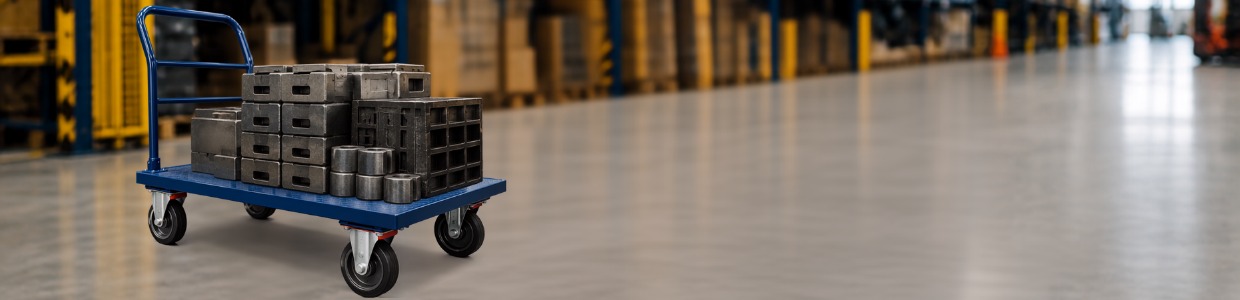 Heavy-duty platform trolley transporting metal components in an industrial warehouse with durable castor wheels for safe and efficient material handling | Rexello Castors