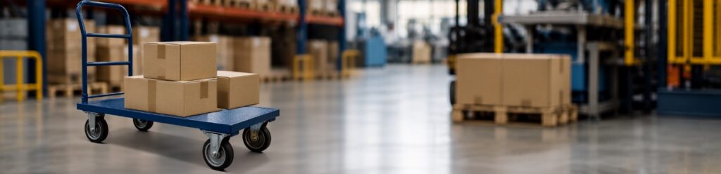 Heavy-duty platform trolley carrying cardboard boxes in a modern warehouse with durable castor wheels for efficient industrial material handling | Rexello Castors