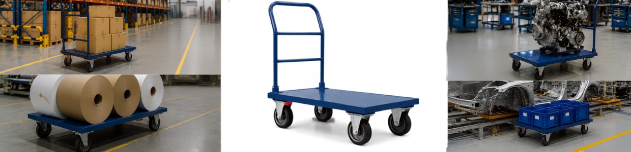 Heavy-duty platform trolley applications for transporting cartons, paper rolls, automotive components, and industrial machinery in warehouse and manufacturing environments | Rexello Castors