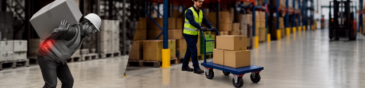 Ergonomic comparison showing a worker lifting a heavy box with back strain beside a heavy-duty platform trolley transporting cartons in a warehouse for safer material handling | Rexello Castors