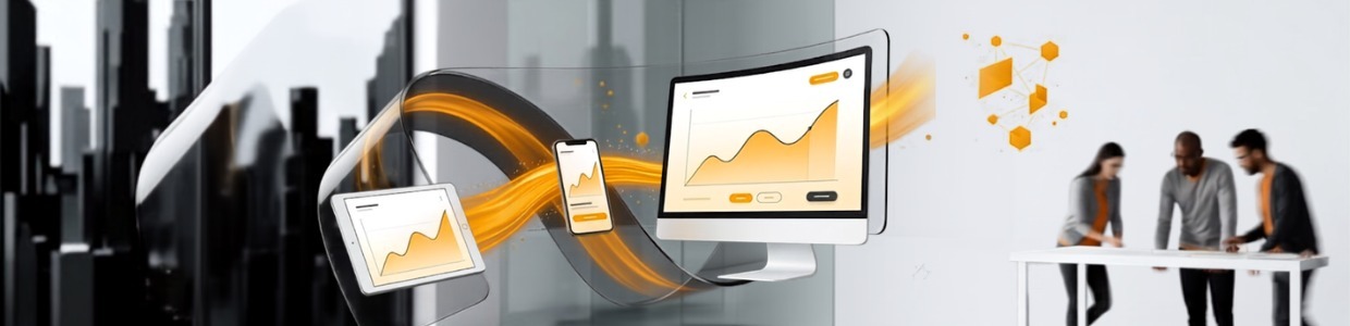 Digital marketing analytics across desktop, tablet, and mobile devices with business team collaboration and performance growth visuals.