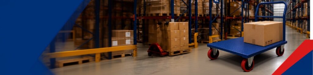 Heavy-duty platform trolley with PU caster wheels for warehouse material handling, logistics, and industrial transport | Rexello Castor