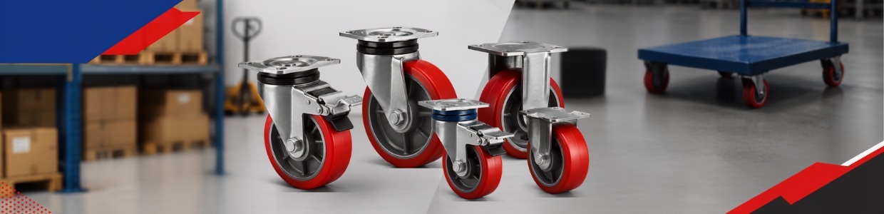 Heavy-duty industrial PU caster wheels for warehouse trolleys, material handling equipment, and industrial transport applications | Rexello Castor