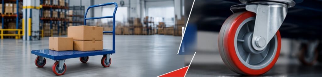 Heavy-duty platform trolley with PU caster wheels for warehouse material handling and industrial transport applications | Rexello Castor