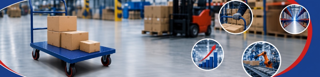Heavy-duty platform trolley with PU caster wheels for warehouse logistics, material handling, and industrial transport | Rexello Castor