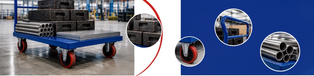 Heavy-duty steel platform trolley with PU caster wheels for transporting metal pipes, plates, and industrial materials | Rexello Castor