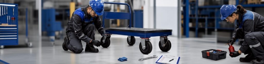 Industrial worker inspecting and maintaining a heavy-duty platform trolley with castor wheels in a manufacturing facility | Rexello Castor