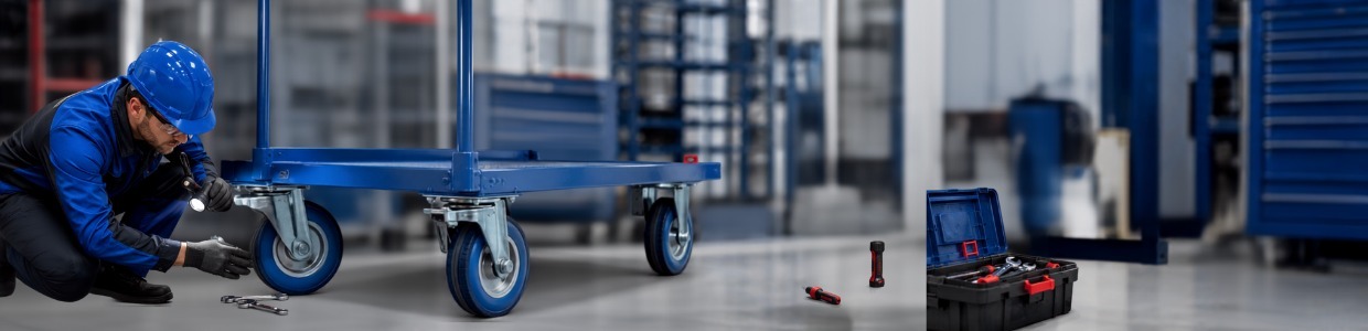 Technician inspecting and maintaining heavy-duty platform trolley castor wheels in an industrial manufacturing facility | Rexello Castor