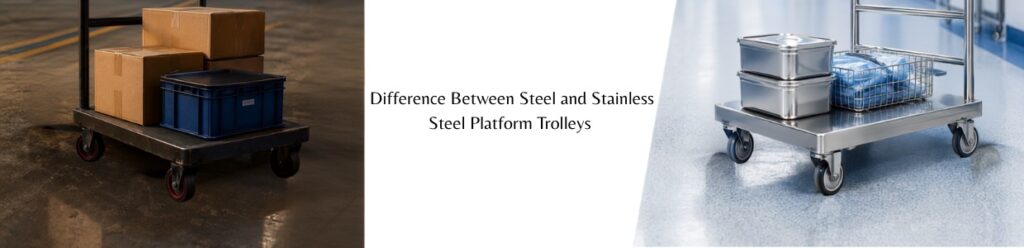 Steel platform trolley loaded with boxes beside a stainless steel platform trolley in an industrial setting, comparing durability, corrosion resistance, and material differences | Rexello Castor