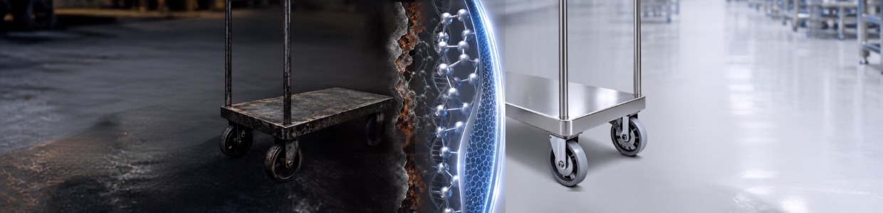 Comparison of steel and stainless steel platform trolleys showing rusted steel on the left and corrosion-resistant stainless steel on the right in an industrial environment | Rexello Castor