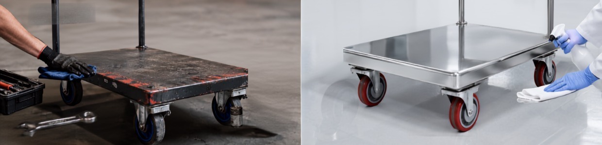 Steel platform trolley undergoing maintenance beside a stainless steel platform trolley being cleaned, highlighting maintenance and hygiene differences | Rexello Castor