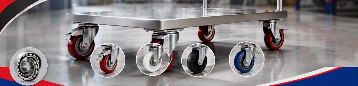 Stainless steel platform trolley with multiple industrial caster wheel options, including PU, nylon, rubber, and heavy-duty swivel castors for material handling | Rexello Castor