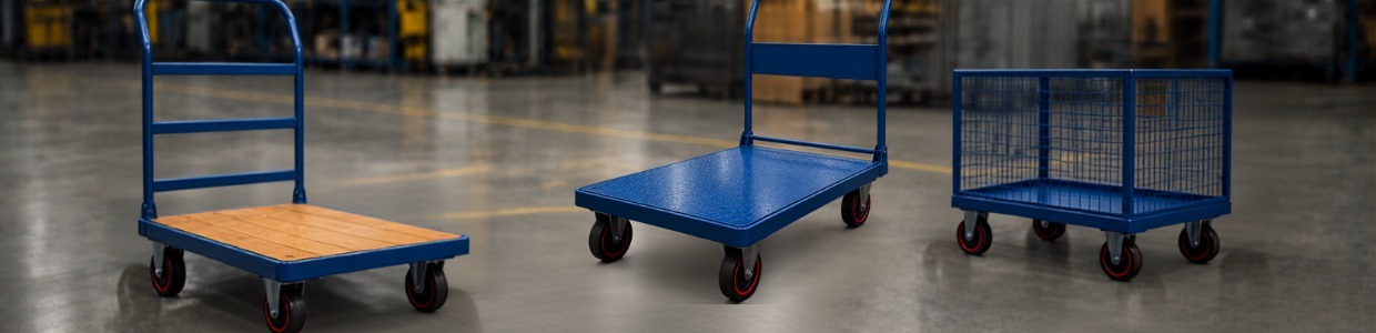 Heavy-duty platform trolleys, warehouse carts, and mesh cage trolleys for material handling, industrial transport, warehouse logistics, and manufacturing applications | Rexello Castors