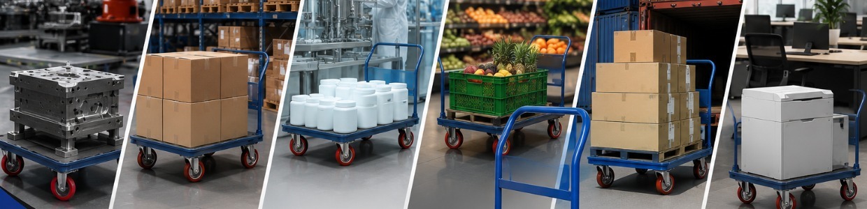 Industrial platform trolleys transporting molds, cartons, chemical containers, fresh produce, shipping boxes, and office equipment for warehouse, manufacturing, logistics, and material handling applications | Rexello Castors