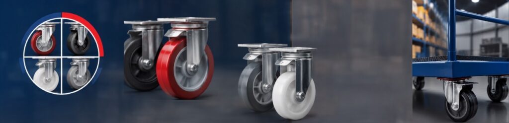 Heavy-duty industrial caster wheels including polyurethane, rubber, and nylon castors for material handling equipment, platform trolleys, warehouse carts, and industrial mobility solutions | Ace360 Degree