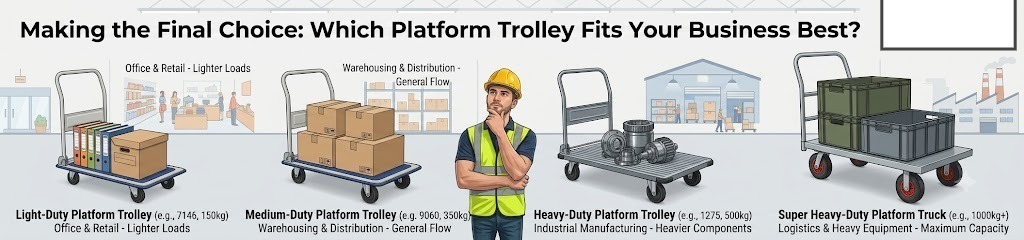 Comparison of light-duty, medium-duty, heavy-duty, and super heavy-duty platform trolleys with recommended applications for office, warehouse, manufacturing, and logistics use | Rexello
