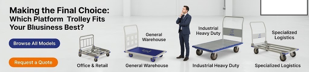 Business professional comparing office & retail, warehouse, industrial heavy-duty, and specialized logistics platform trolleys to choose the best material handling solution for different industries | Rexello