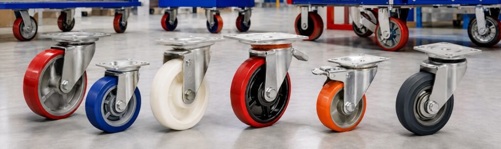 Industrial caster wheels in different sizes, colors, and materials displayed on a factory floor | Rexello Castors