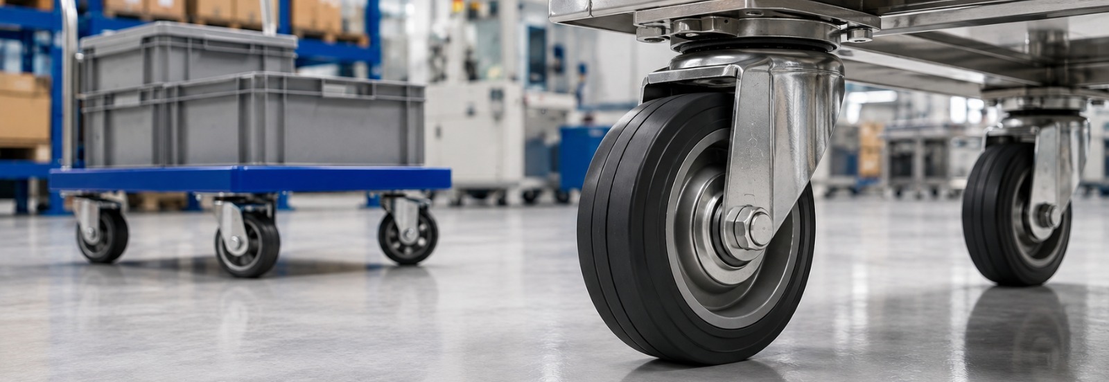 Heavy duty industrial caster wheel attached to a material handling trolley in a factory environment | Rexello Castors